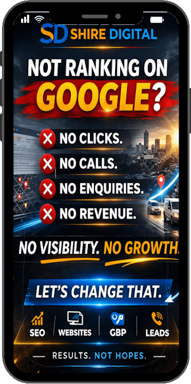 A digital marketing ad for Shire Digital showing a list of business problems like no clicks, calls, and revenue.