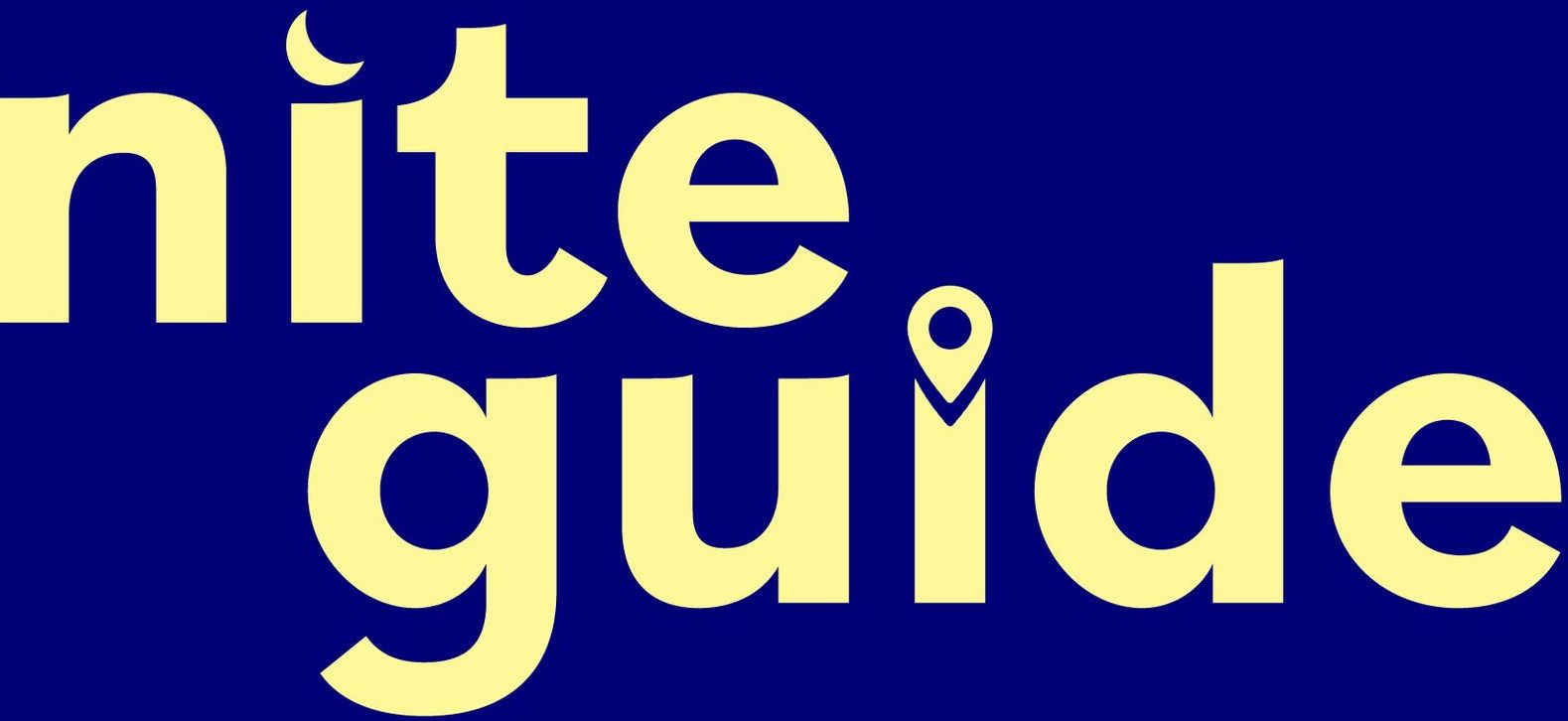 A blue background with yellow letters that say nite guide