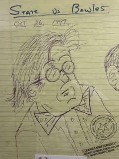 A pen sketch of a person wearing round glasses and a patterned bow tie, titled