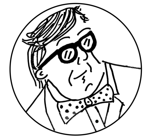 Line drawing of a person wearing thick-rimmed glasses and a polka-dot bow tie, inside a circular frame.