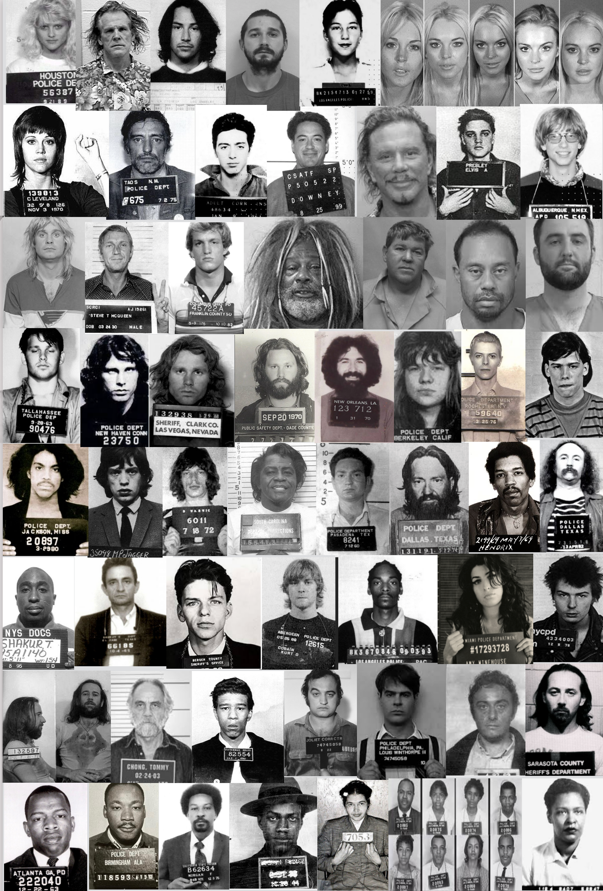A collage of multiple black-and-white celebrity mugshots, arranged in a grid-like fashion against a white background.