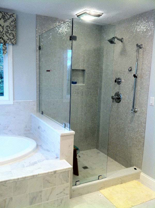 Bathroom — Gray Bathroom with Glass Enclosure In Columbus, IN