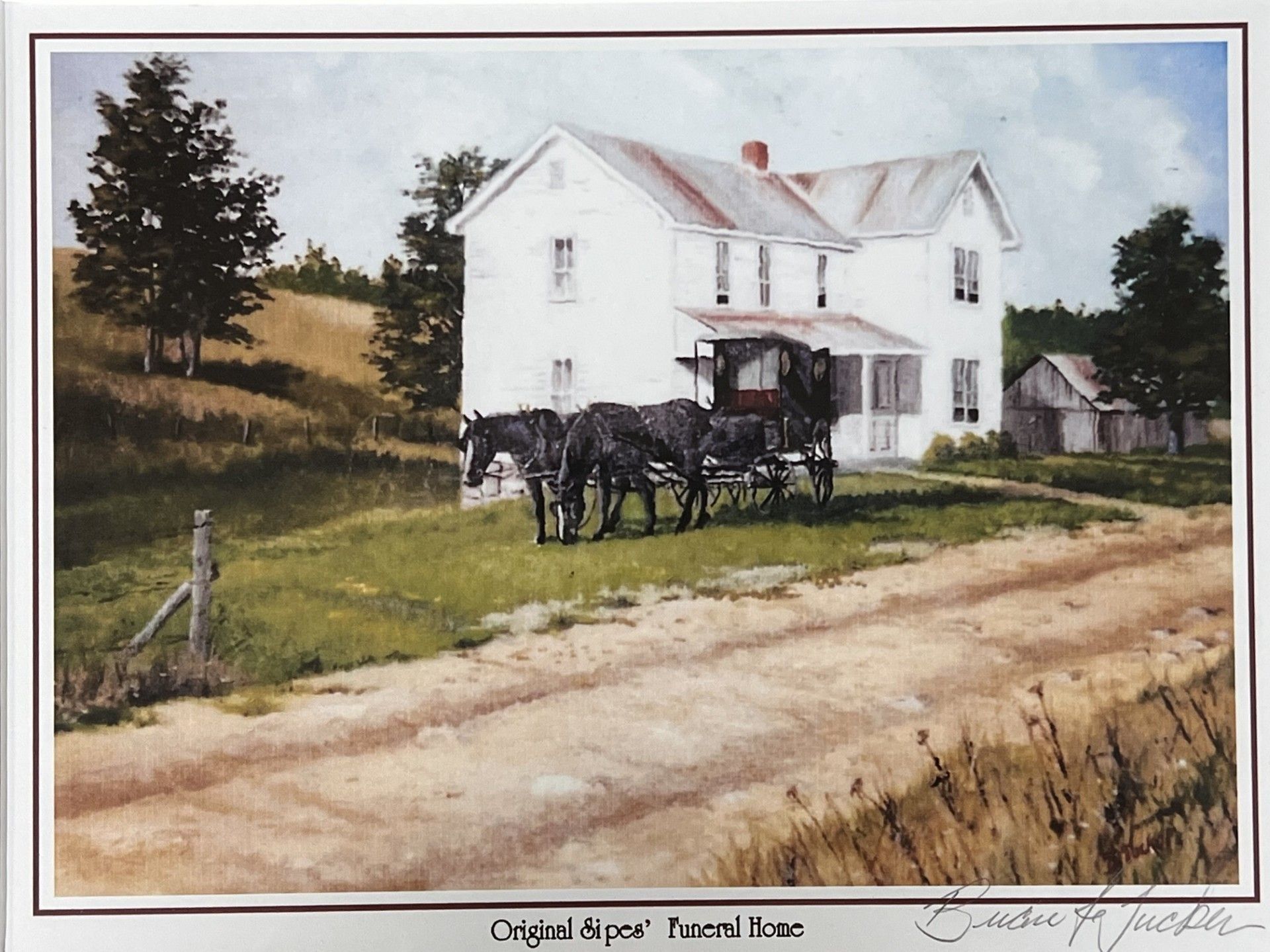 White farmhouse with horse-drawn buggy on a dirt road. Rural landscape, overcast sky, green fields.