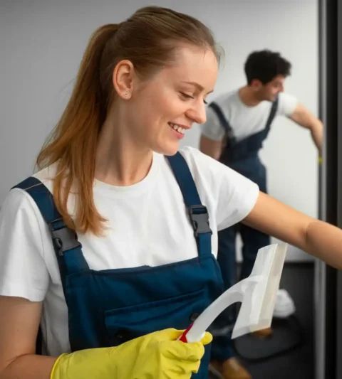 Woman in overalls smiling, wiping a surface with a squeegee. Man in background also cleaning.