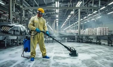 Man in protective gear cleaning factory floor with a scrubber.