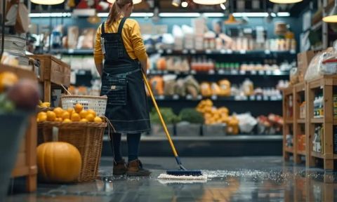 Person mopping a grocery store floor, with fruit baskets and shelves of products in the background.