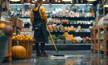 Person mopping a grocery store floor, with fruit baskets and shelves of products in the background.