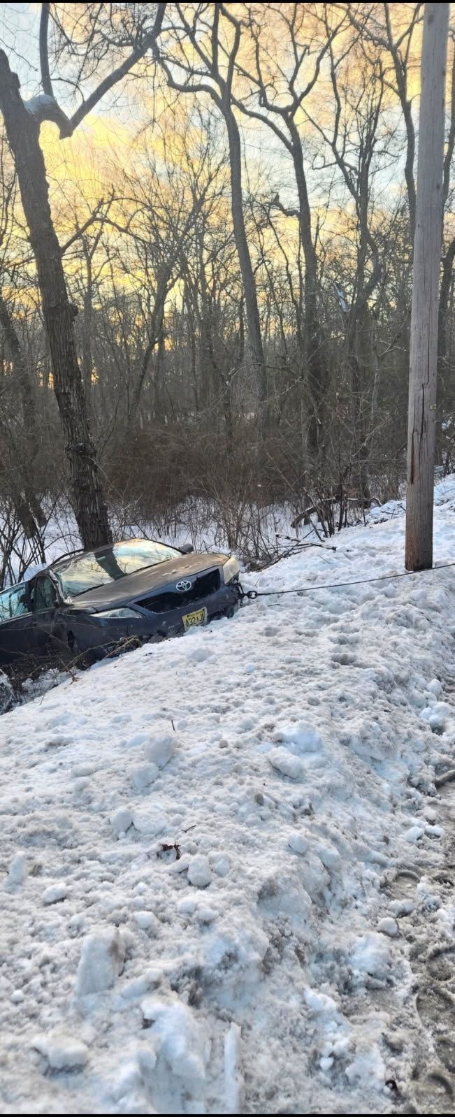 Car off road in snow, near trees and a utility pole. Overcast sky.
