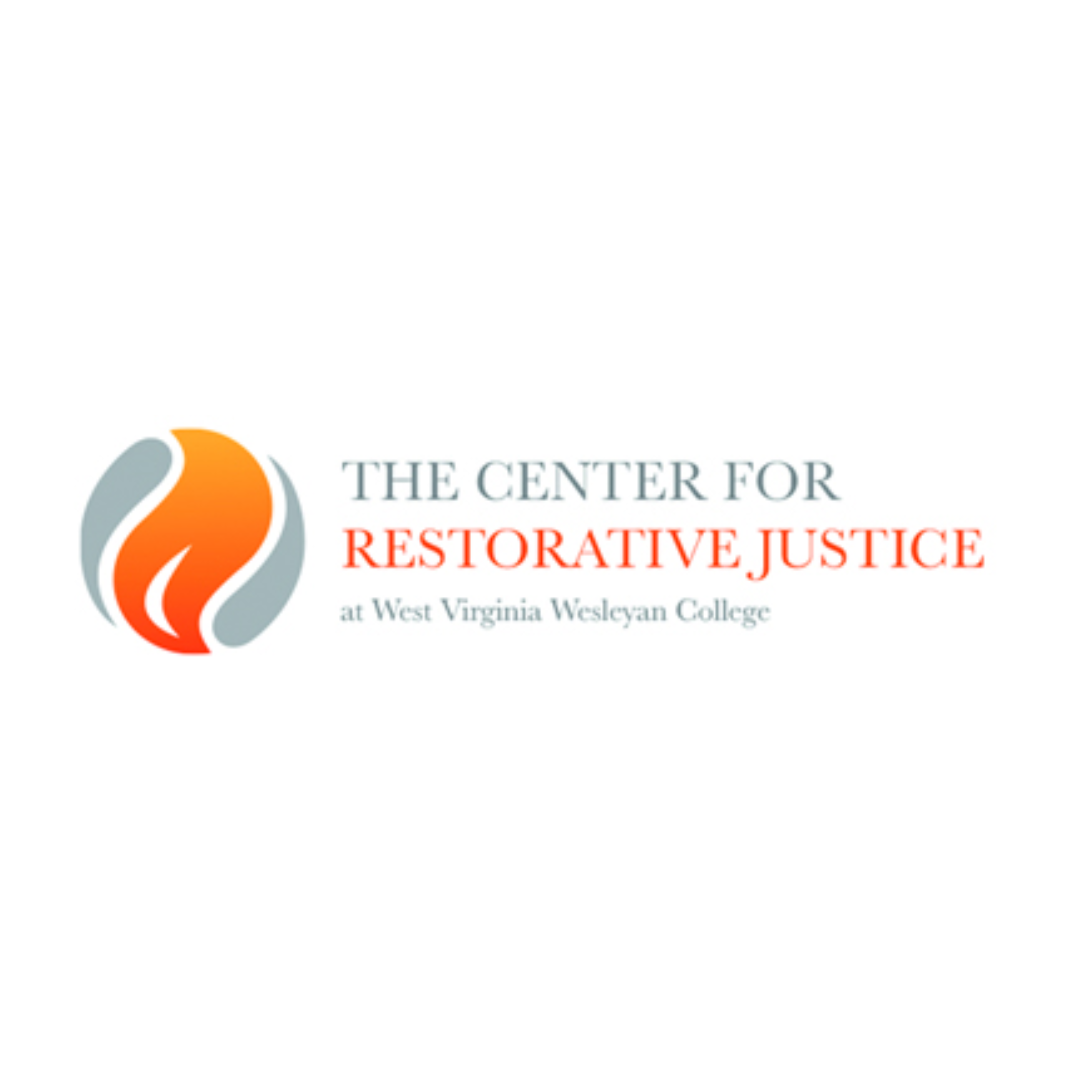 Logo for The Center for Restorative Justice at West Virginia Wesleyan College; gray/orange flame graphic.
