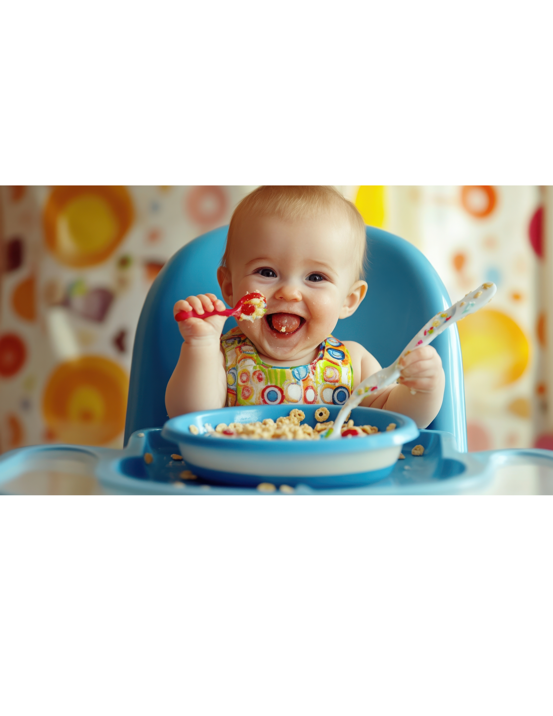 Baby in highchair eating cereal.