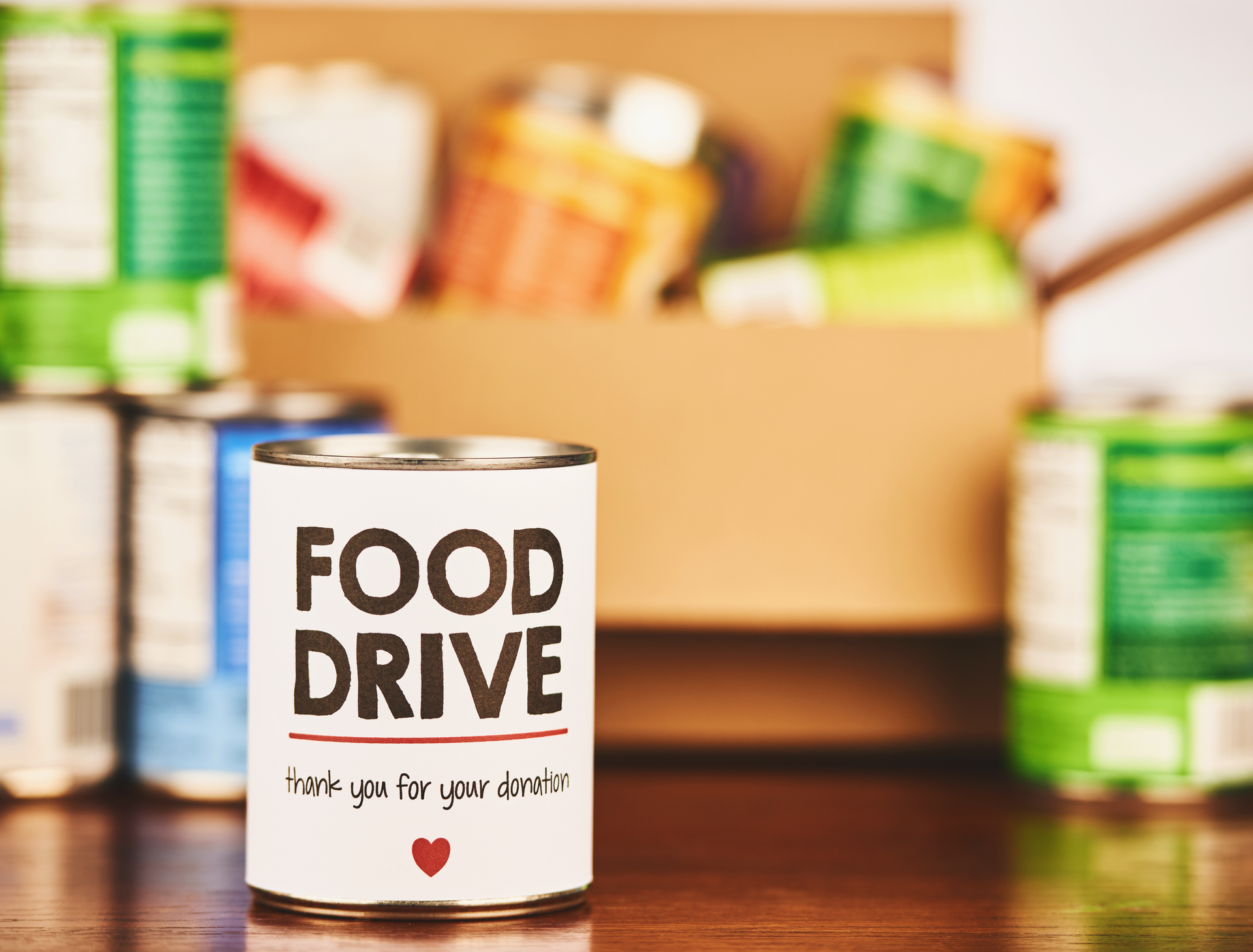 Cans of collected for food drive.