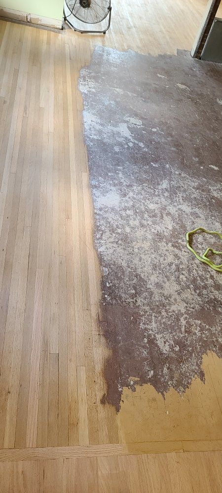 A wooden floor is being painted with a fan in the background.