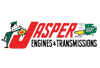 The logo for jasper engines and transmissions is red and white with a cartoon character.