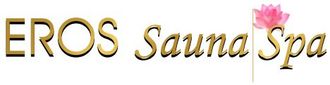 Un logotipo para Eros Sauna Spa con una flor de loto rosa.