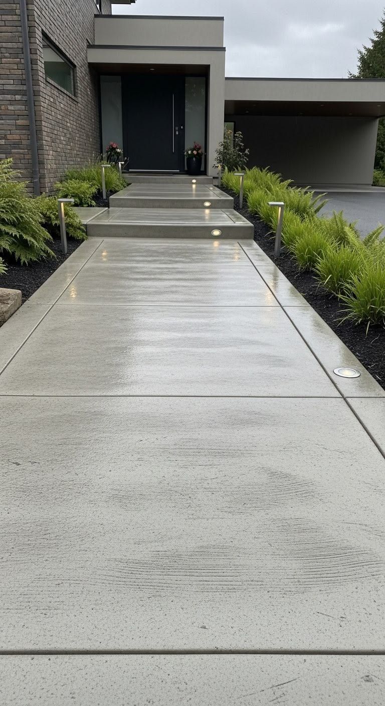 Modern concrete front entry walkway with integrated landscape lighting installed by Coastline Concrete.