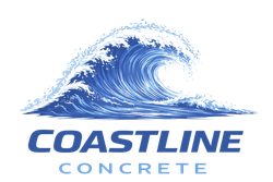 A logo for Coastline Concrete featuring a large, blue crashing ocean wave above the company name in blue text.
