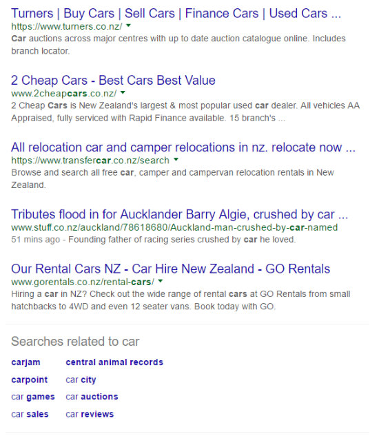 New Zealand Google Result example of cars - showing all .co.nz pages in results