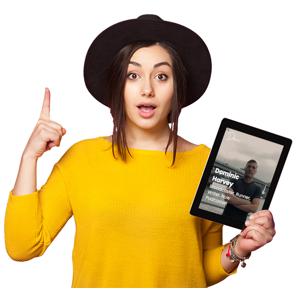 Brunette kiwi girl pointing upwards with a laptop showing a Professional NZ Online Agency web design
