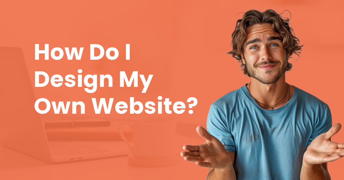 A man is standing in front of a laptop computer and asking how do i design my own website?