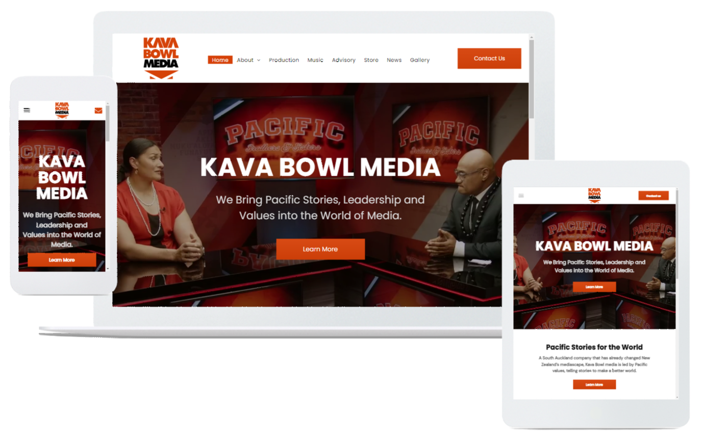 Phone, desktop and tablet versions of a responsive, mobile friendly website