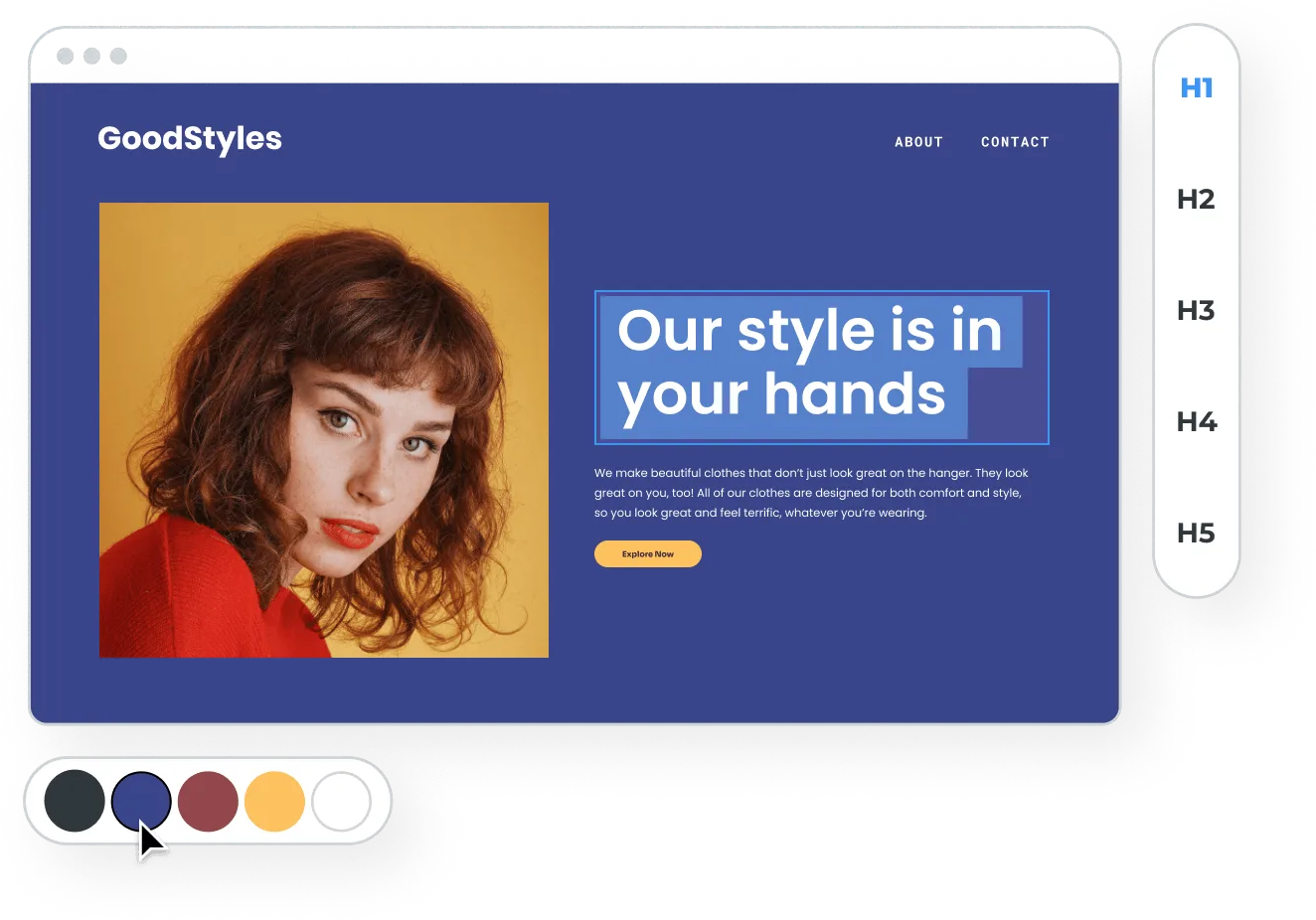 Screenshot of DIY Website design tools (including colour picker and title structure tool)