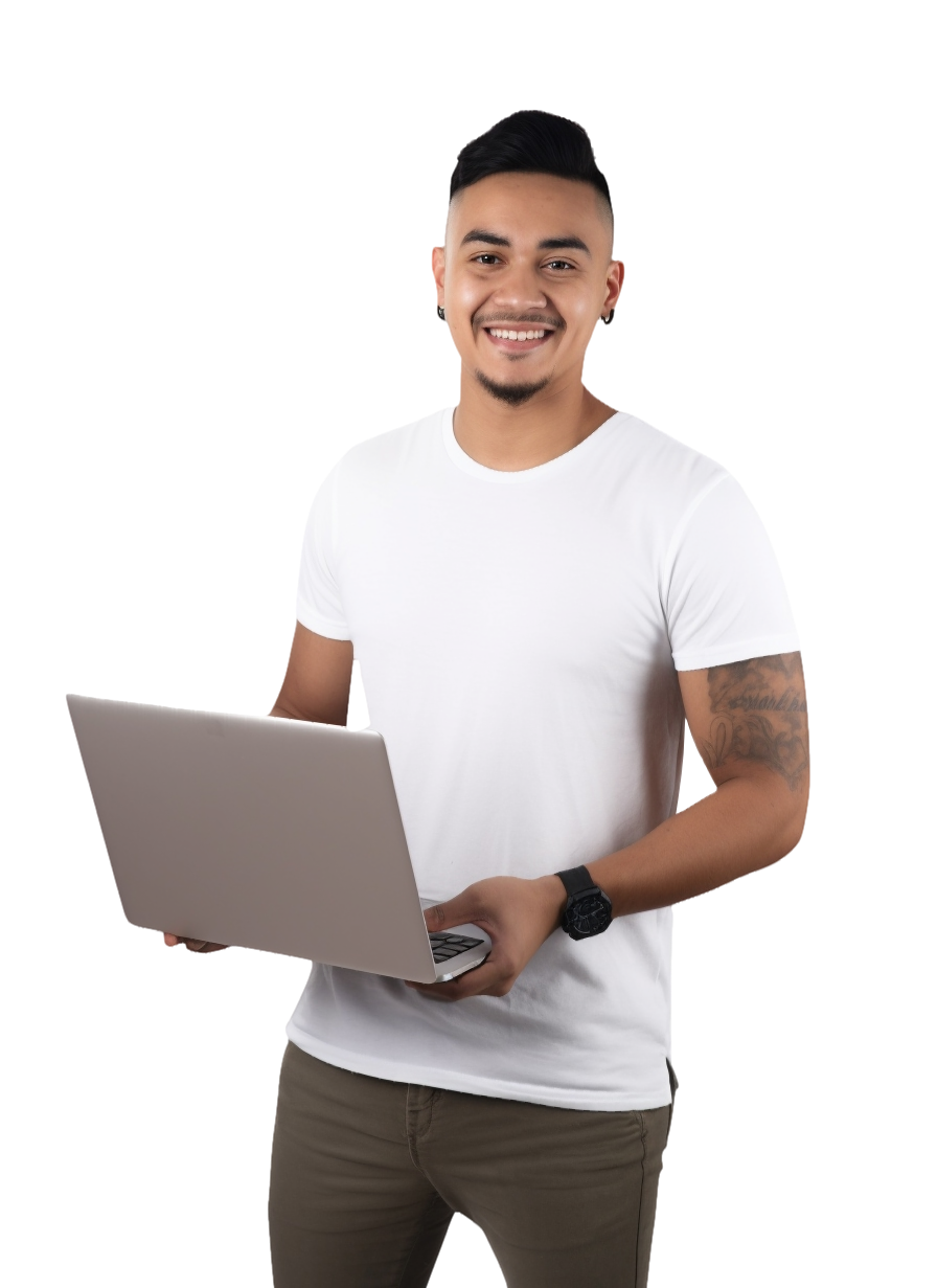 Young kiwi male holding a laptop to work on his NZ DIY Domains & Hosting
