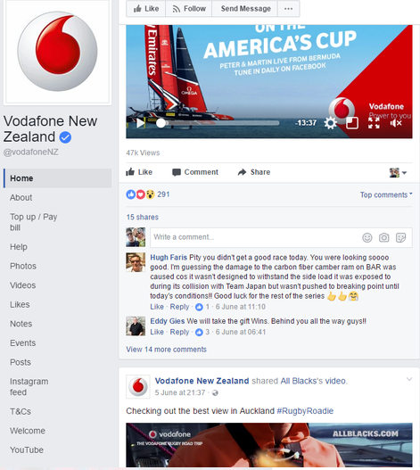 Screenshot of Vodafone New Zealand's Facebook Page