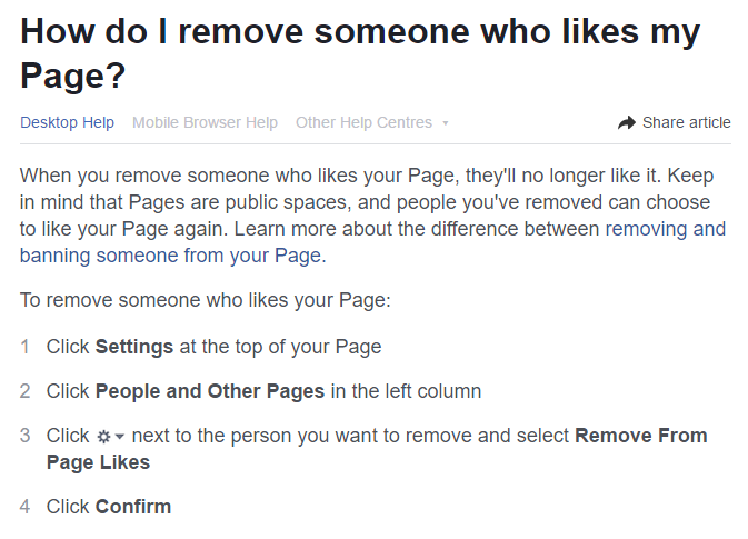 Screengrab of Facebook instructions on how to remove someone who likes your Page