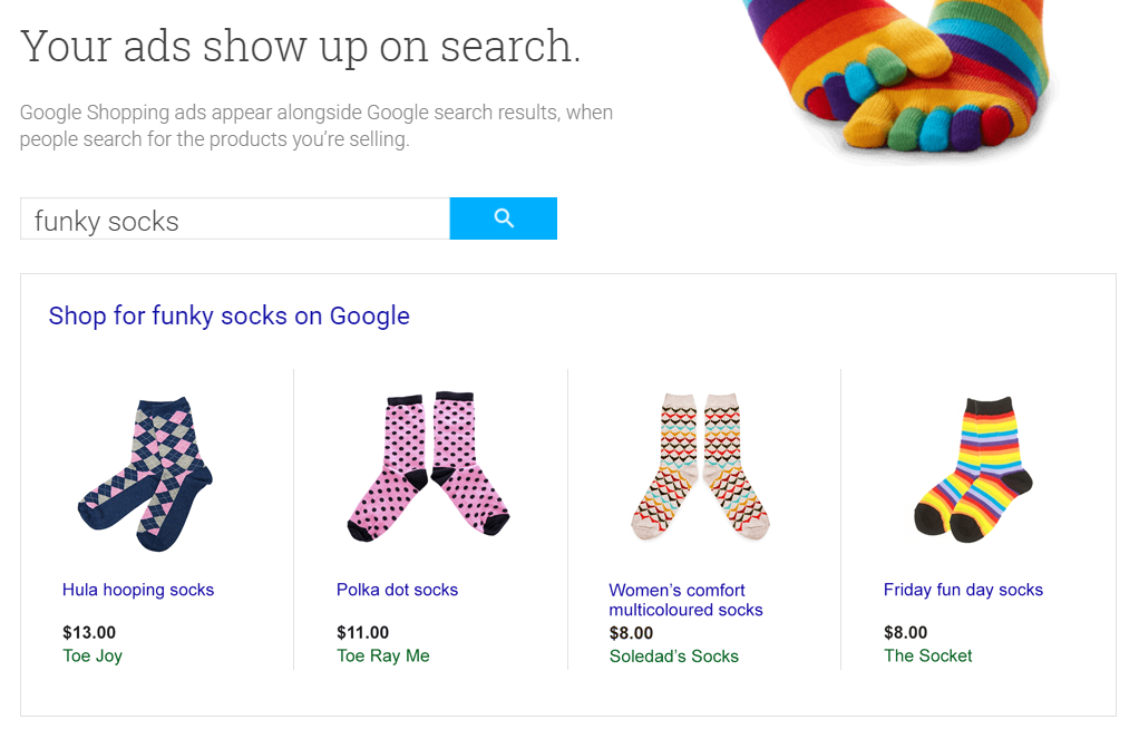 Screenshot of Google Shopping search for funky socks