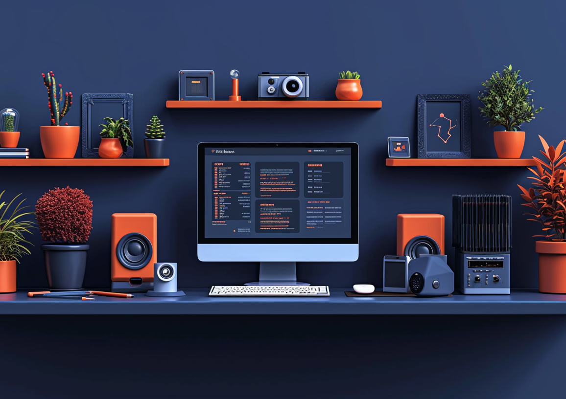 a computer with a website design open on it sitting on a desk surrounded by potted plants and speakers.