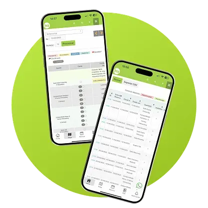 Dos smartphones mostrando una interfaz de aplicación con tema verde sobre un fondo circular verde brillante.