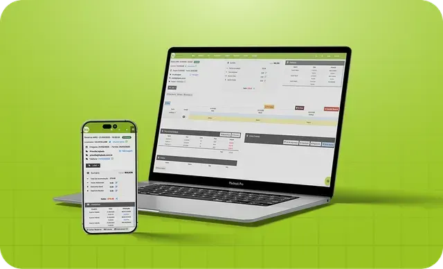 Smartphone e laptop exibindo um painel de controle empresarial em um fundo verde brilhante.