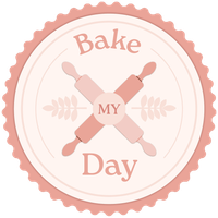 A logo for bake my day with crossed rolling pins