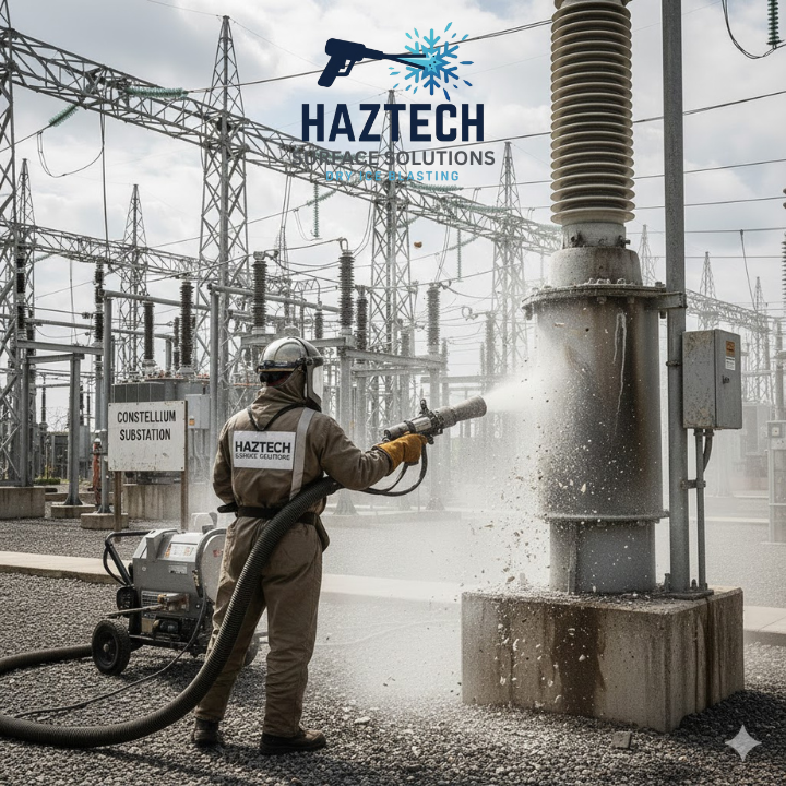 dry ice blasting insulators at a substation in wv