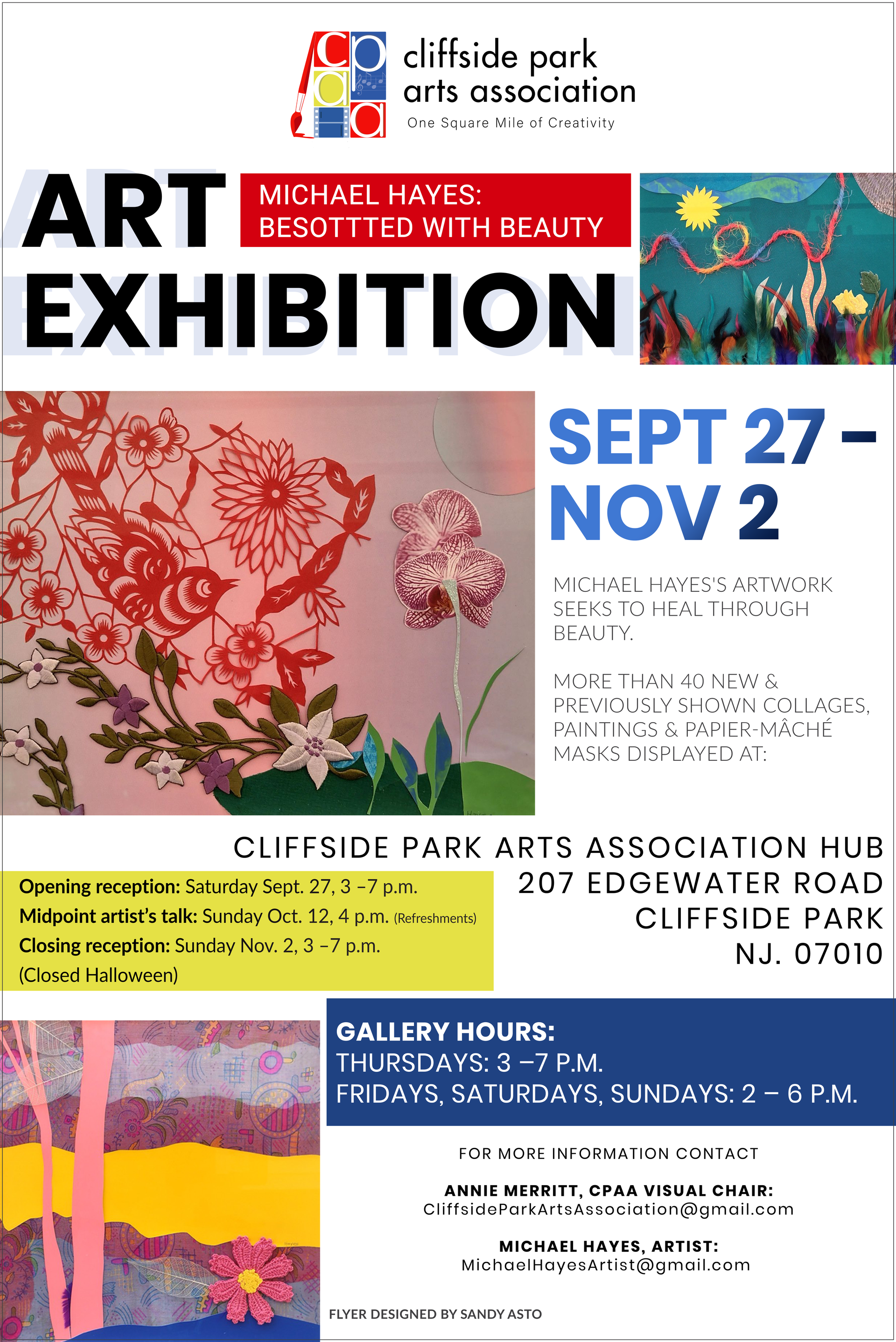 Art exhibition poster for Cliffside Park Arts Association Hub featuring artwork and event details: September 27 - November 2.