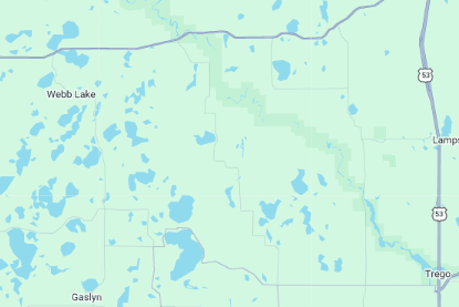 A map section shows Webb Lake, Gaslyn, and Trego in a light green area with a highway 53 marker and various small lakes.