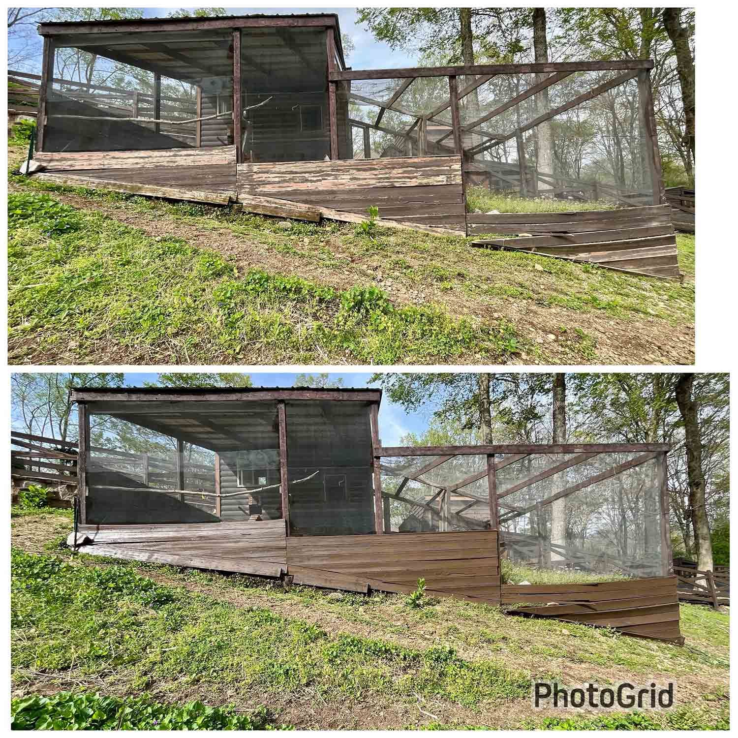 Before and after wood staining in backyard