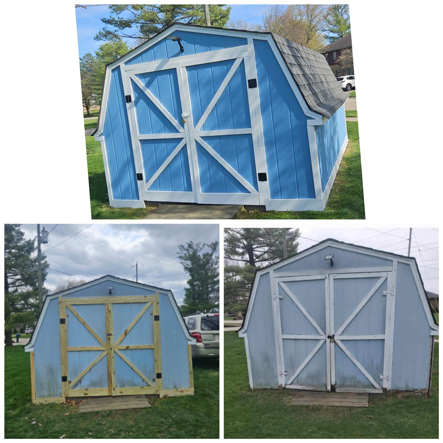 Old and new paint of barns in backyard