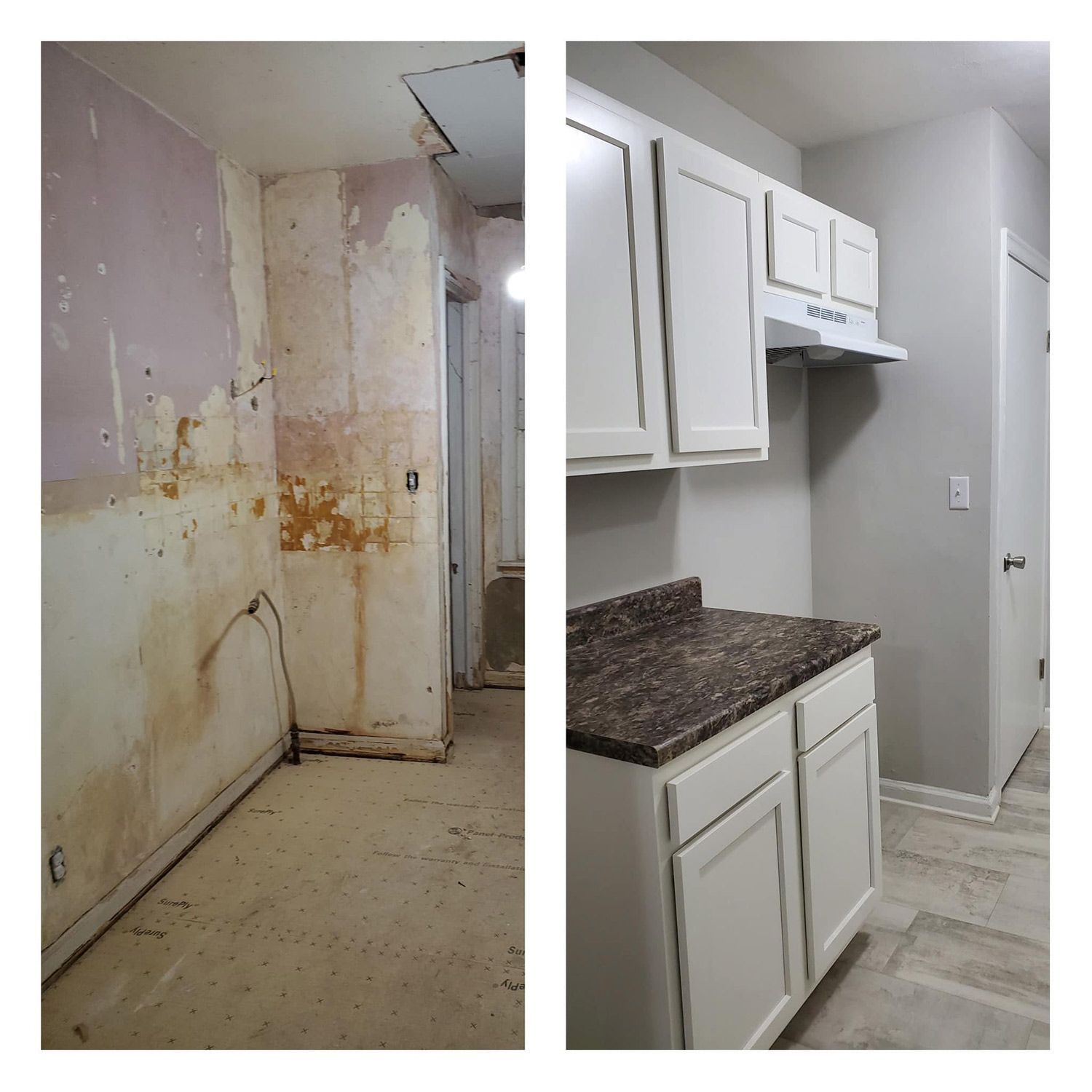 Before and after installing a cabinets and wooden floor