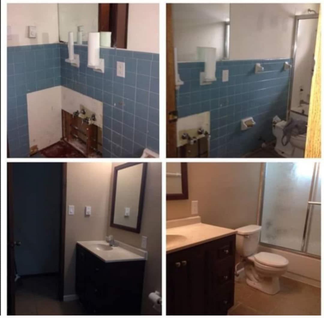 Old and new photos of a bathroom