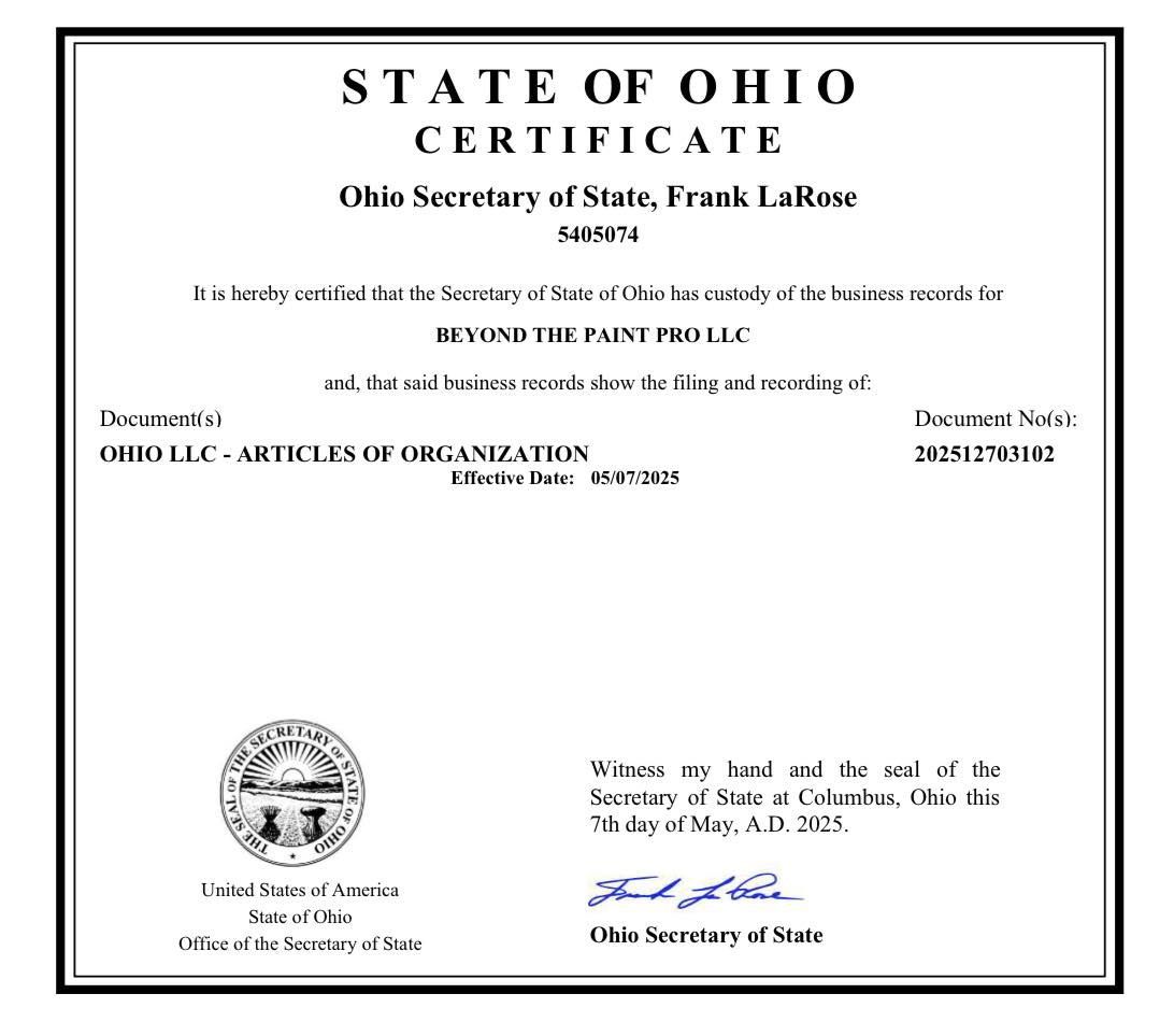 State of Ohio certificate