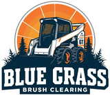 Logo: blue skid steer on a hill with trees, against an orange sun. 