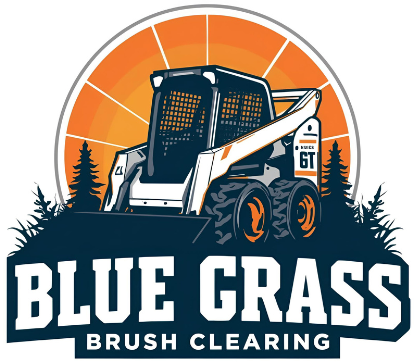 Logo: blue skid steer on a hill with trees, against an orange sun.