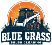 Bobcat clearing brush, logo: blue and orange, trees, sun, 
