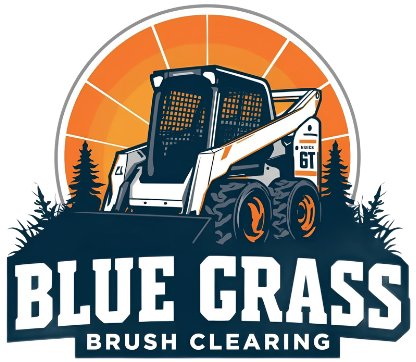Bobcat clearing brush, logo: blue and orange, trees, sun,