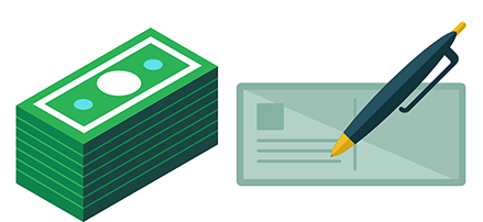 Stack of cash next to a check with a pen.