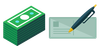 Stack of cash next to a check with a pen.