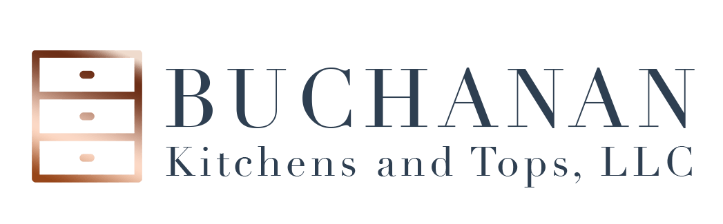 Logo for Buchanan Kitchens and Tops, LLC; dark blue text next to a cabinet graphic.