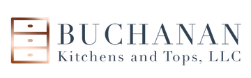 Logo for Buchanan Kitchens and Tops, LLC; dark blue text next to a cabinet graphic.