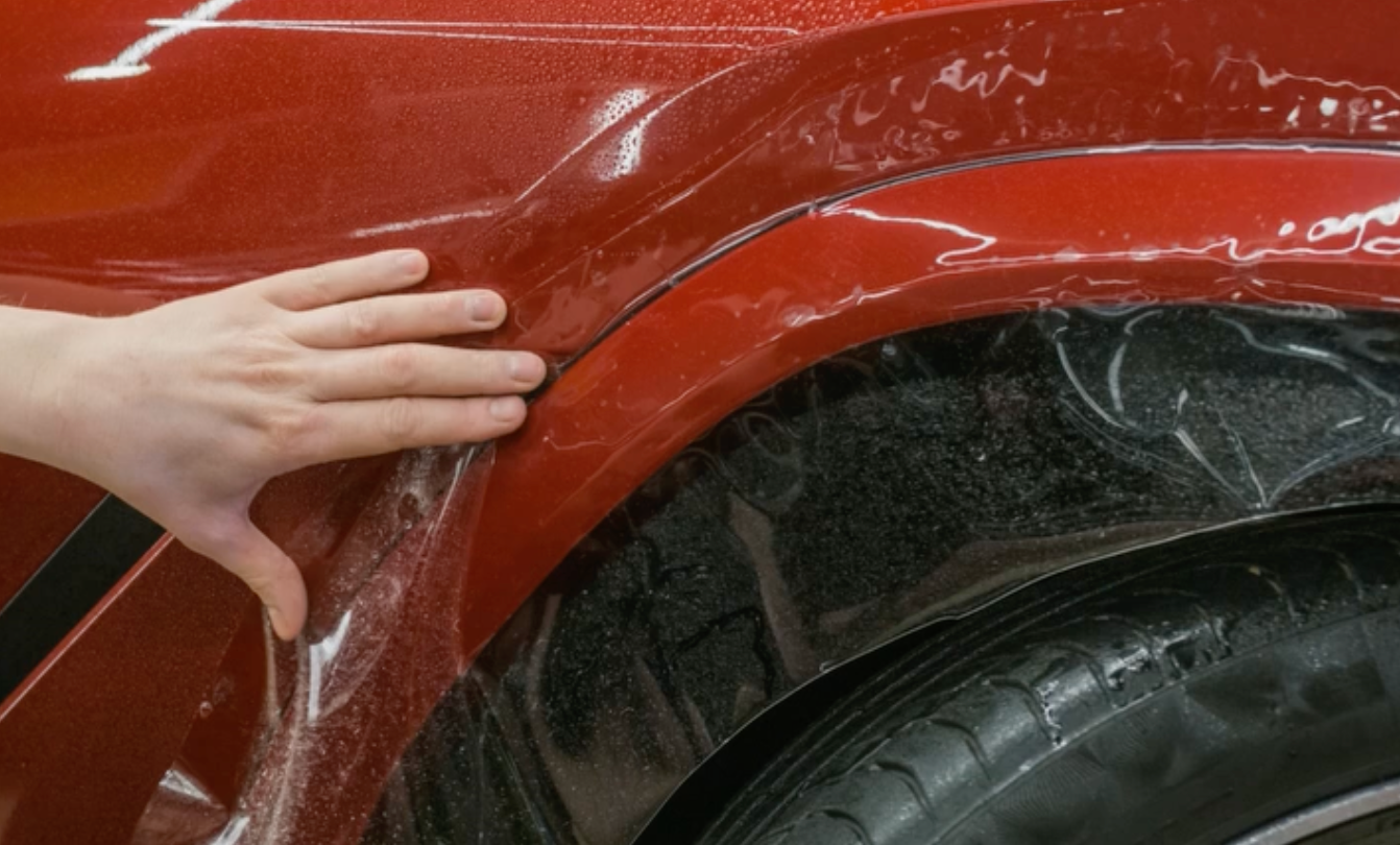 professional paint protection film installation on red vehicle